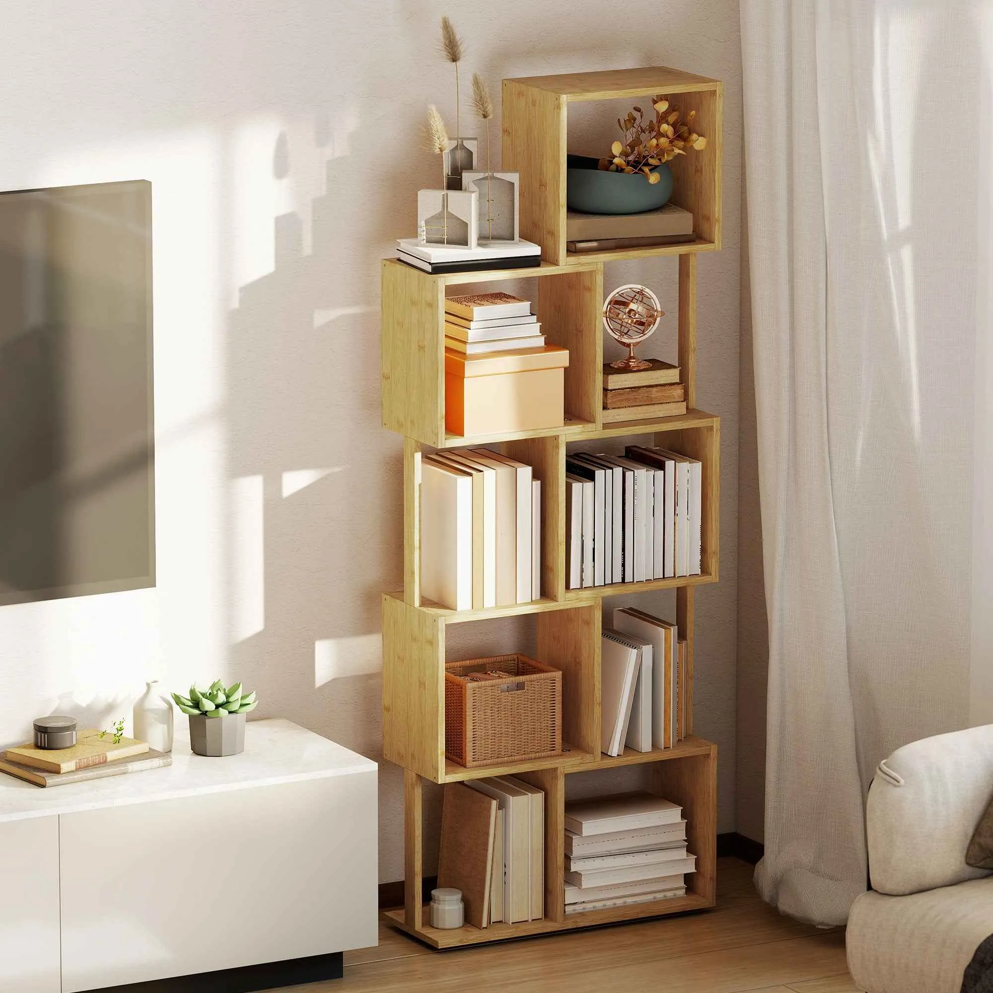 Modern Asymmetrical 5-Tier Bamboo Bookcase, 62.5 x 23 x 165 cm, Natural Wood Color - Image 2