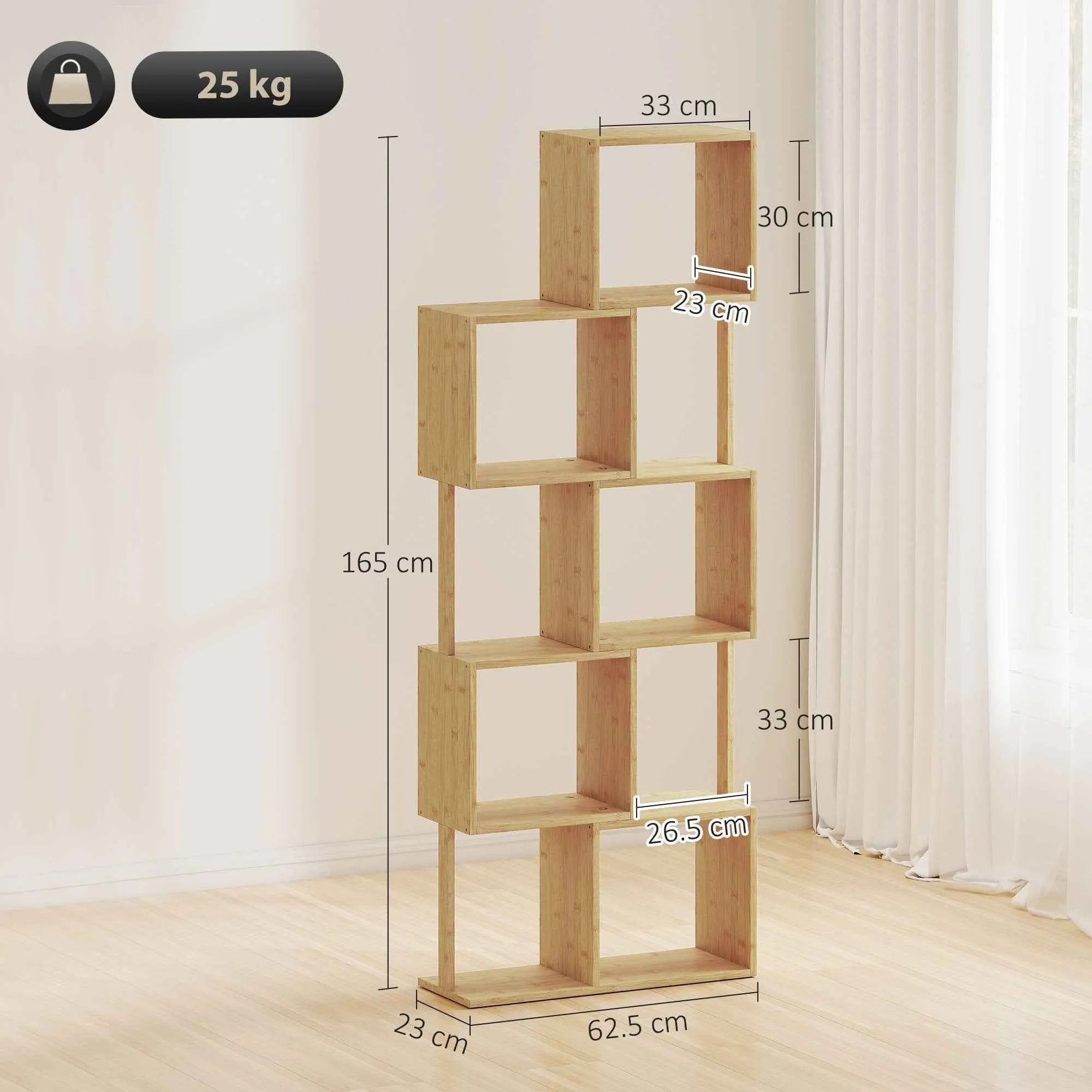 Modern Asymmetrical 5-Tier Bamboo Bookcase, 62.5 x 23 x 165 cm, Natural Wood Color - Image 3
