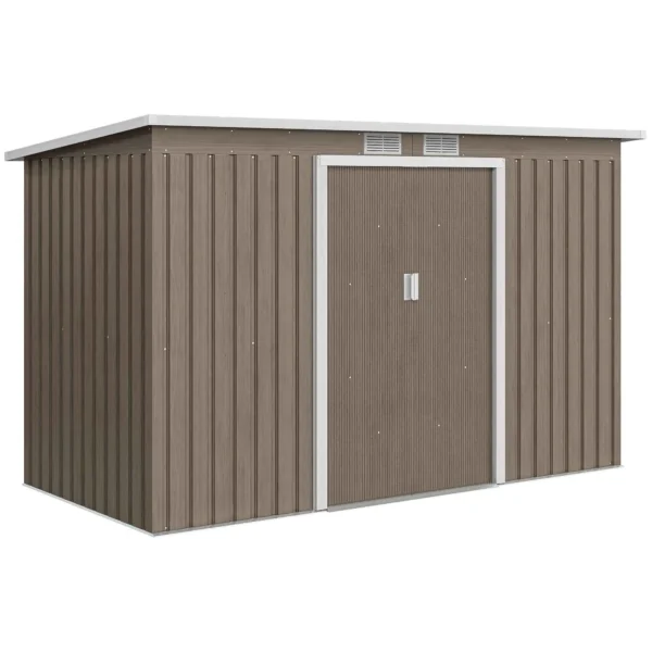 Steel Garden Shed with 2 Vents and 2 Sliding Doors, 280x130x172 cm, Brown Wood