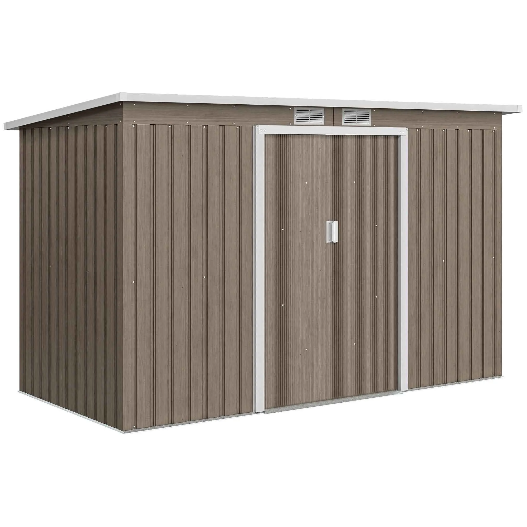 Steel Garden Shed with 2 Vents and 2 Sliding Doors, 280x130x172 cm, Brown Wood