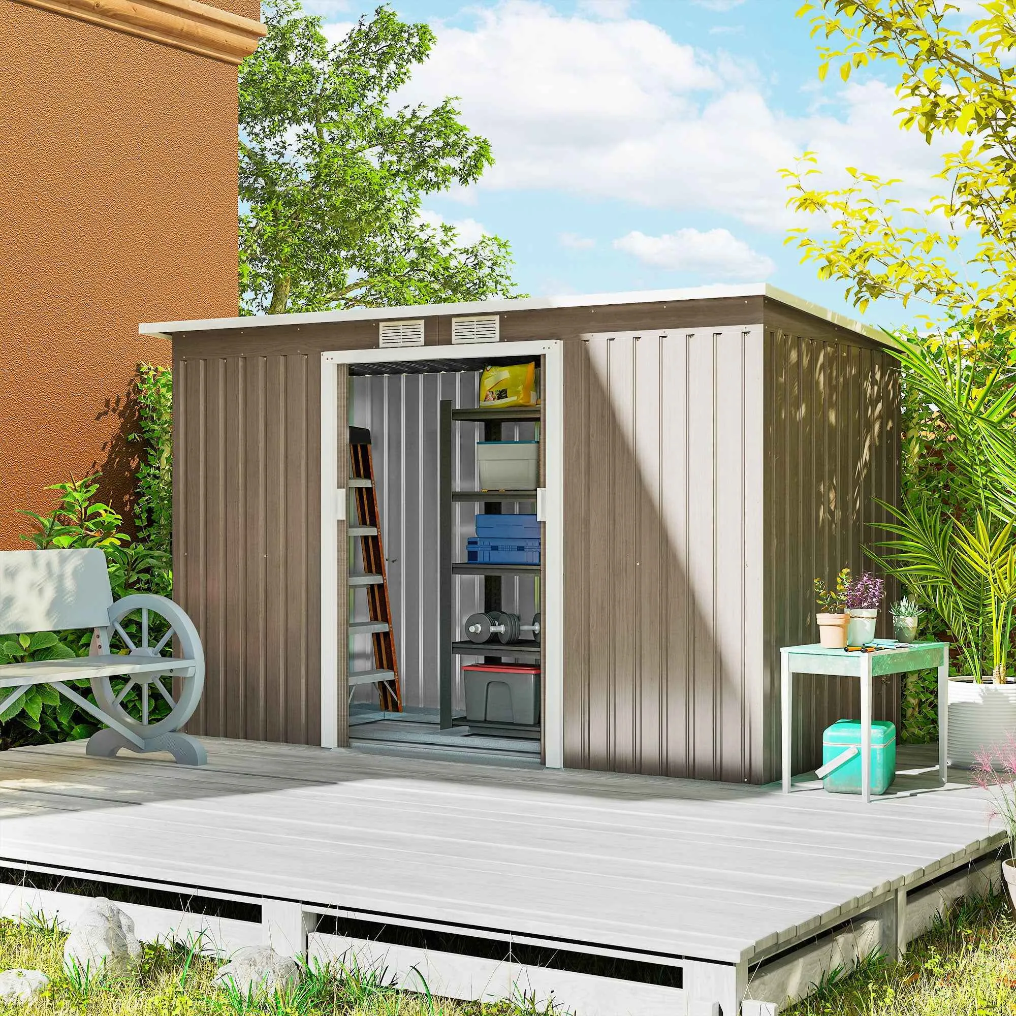 Steel Garden Shed with 2 Vents and 2 Sliding Doors, 280x130x172 cm, Brown Wood - Image 2