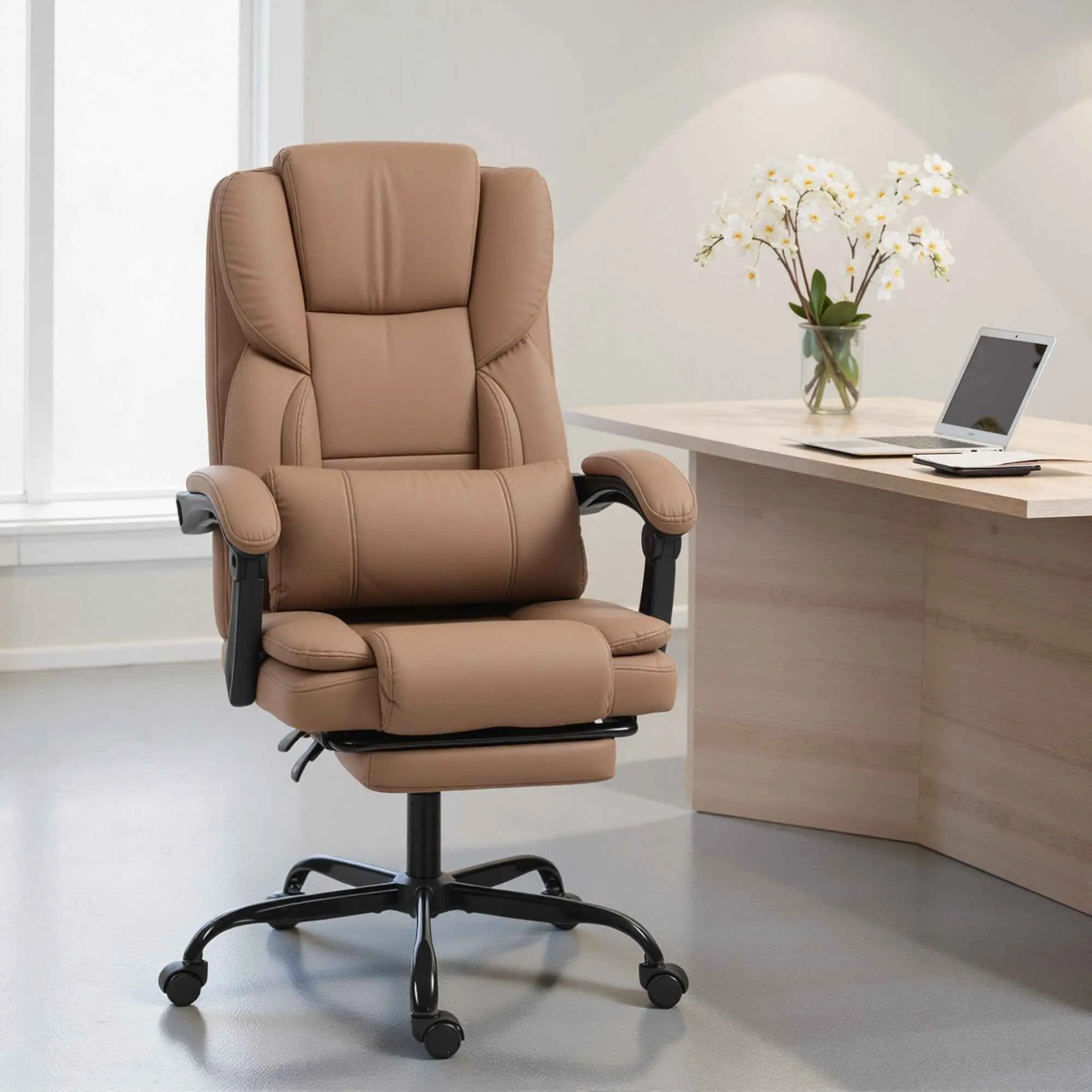 Reclining Faux Leather Office Chair with Footrest and Wheels, 65x67x111-119 cm, Brown - Image 2