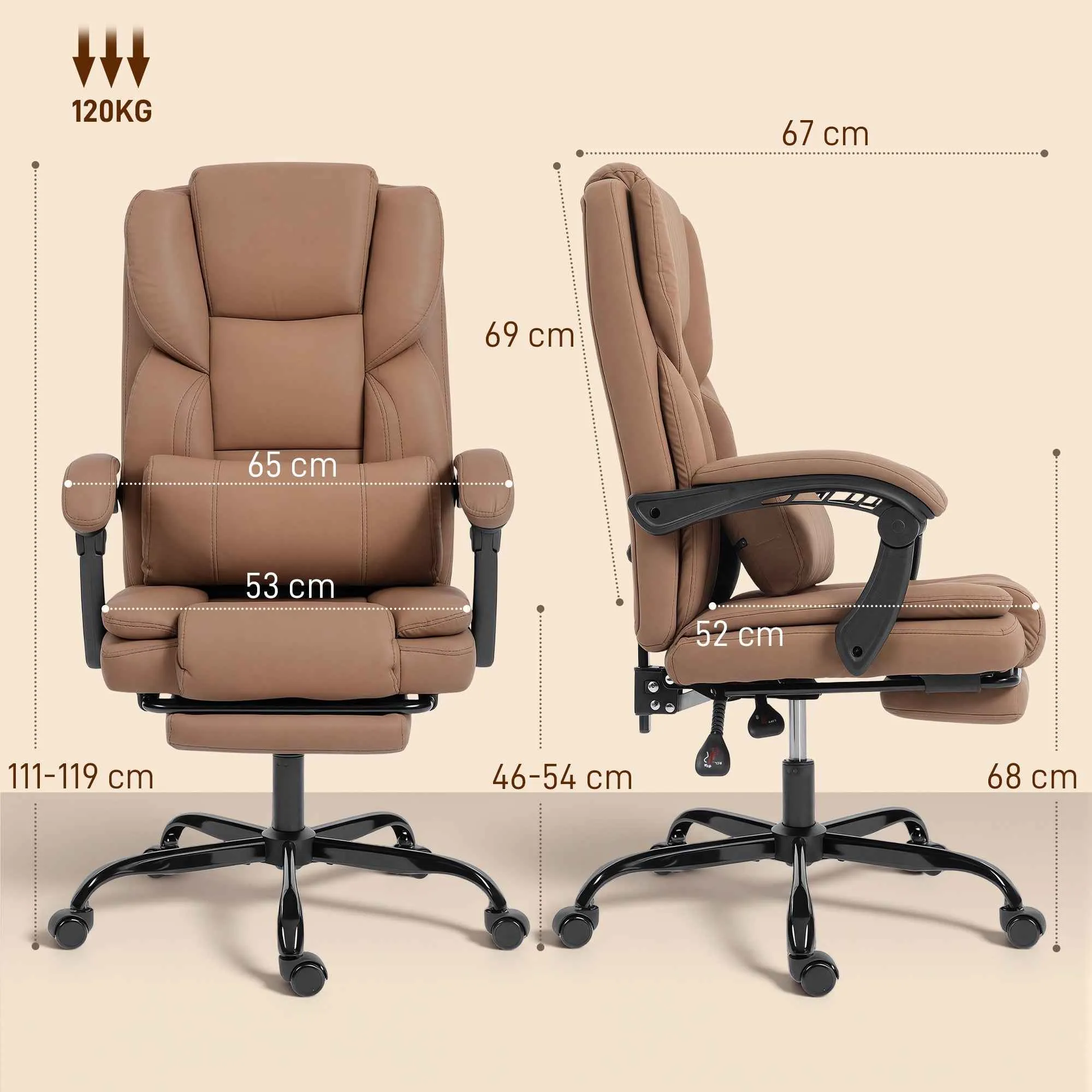 Reclining Faux Leather Office Chair with Footrest and Wheels, 65x67x111-119 cm, Brown - Image 3