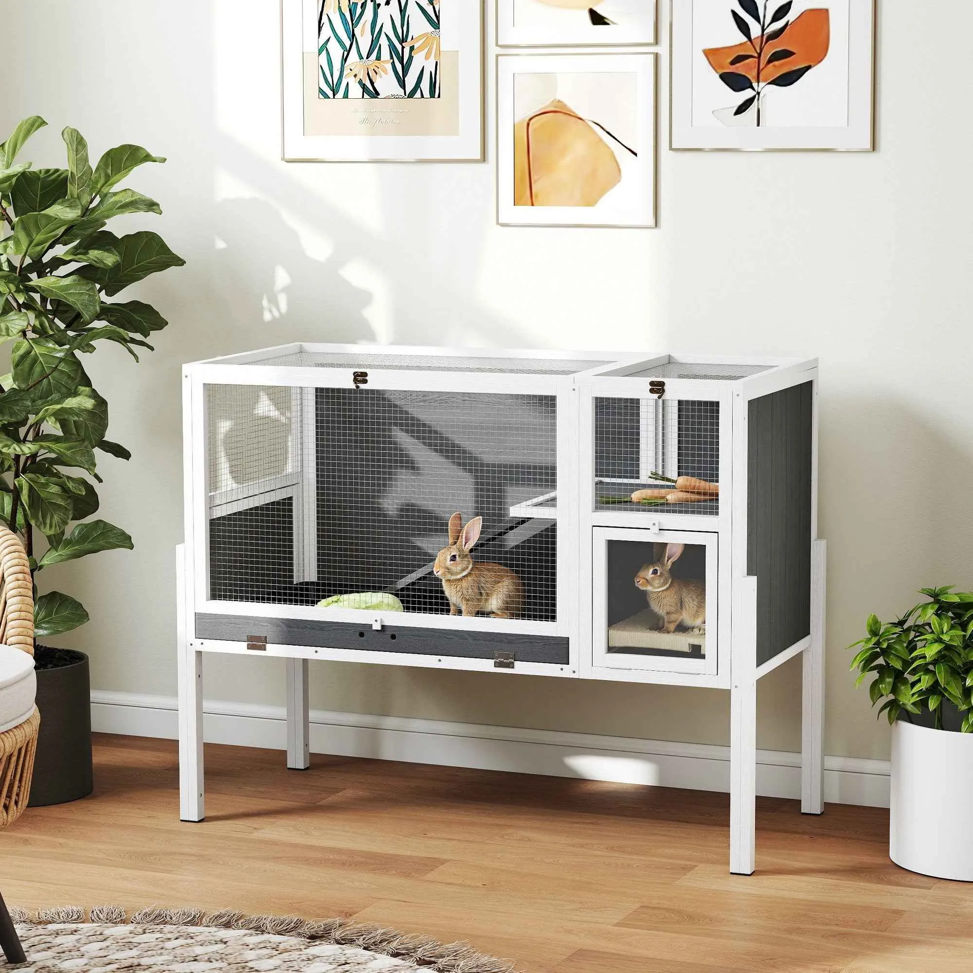 PawHut Raised Indoor Rabbit and Hamster Cage with Removable Tray and Opening Roof, Grey - Image 2