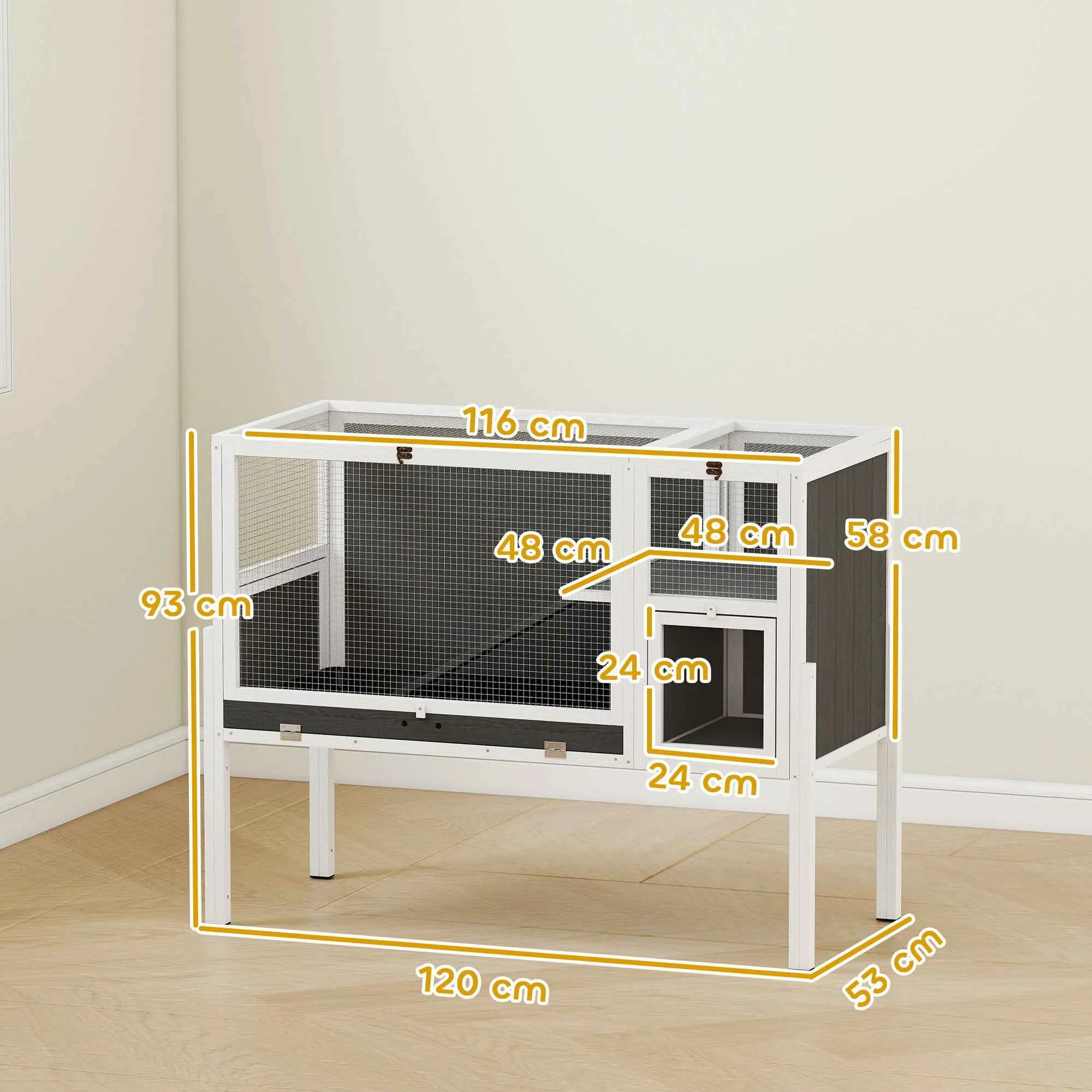PawHut Raised Indoor Rabbit and Hamster Cage with Removable Tray and Opening Roof, Grey - Image 3