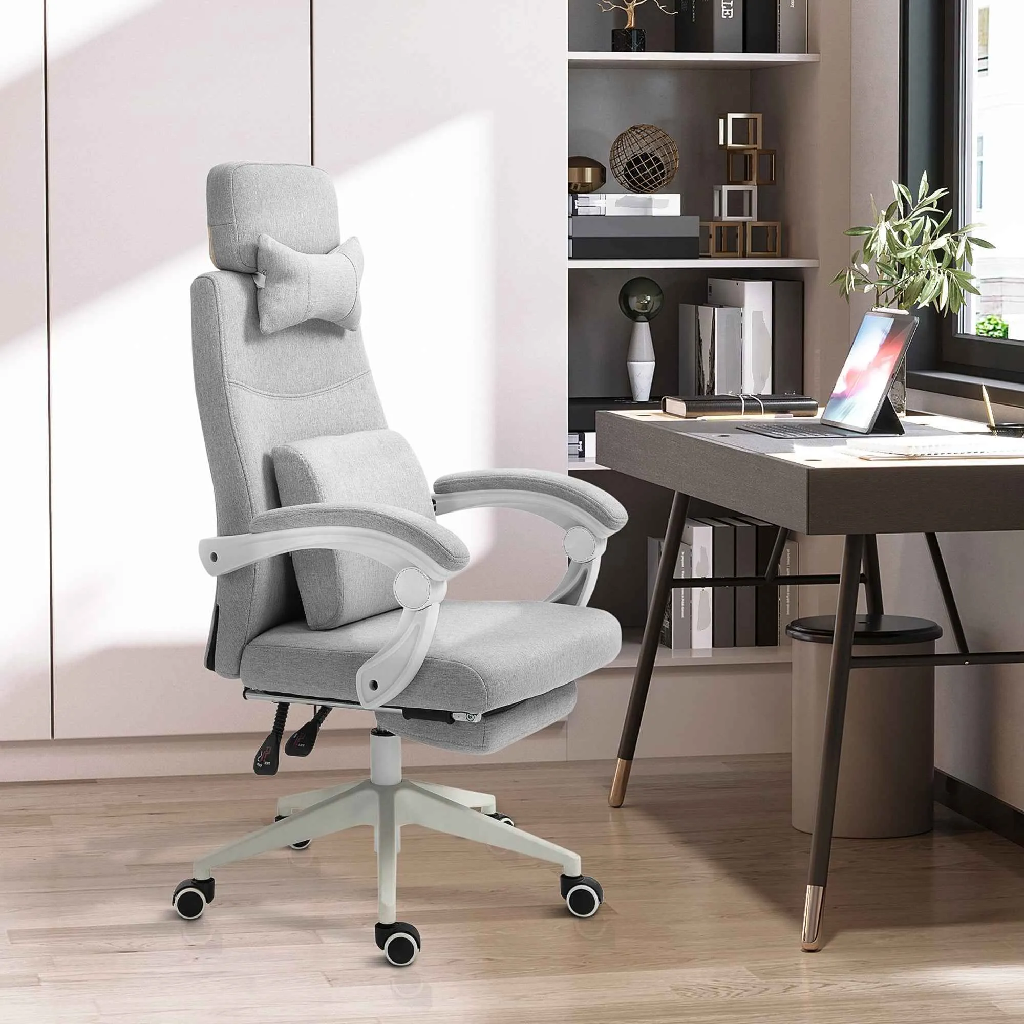 Ergonomic Office Chair, Desk Chair with Wheels, Lumbar Cushion, Removable Headrest and Footrest, Grey 62x68x117-127cm - Image 2