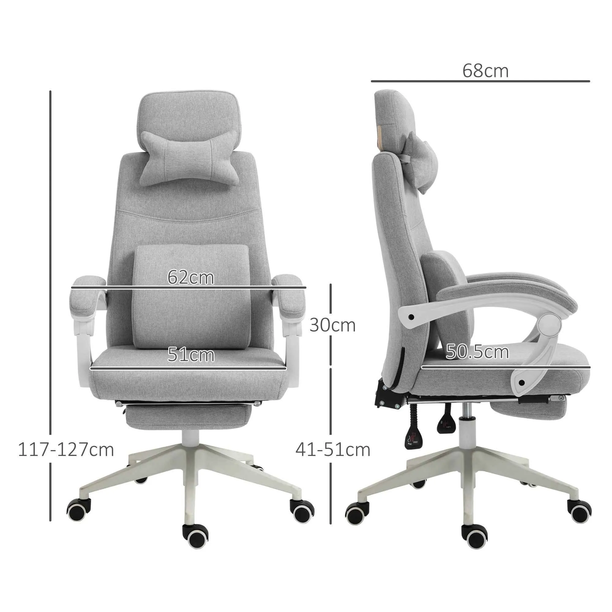 Ergonomic Office Chair, Desk Chair with Wheels, Lumbar Cushion, Removable Headrest and Footrest, Grey 62x68x117-127cm - Image 3