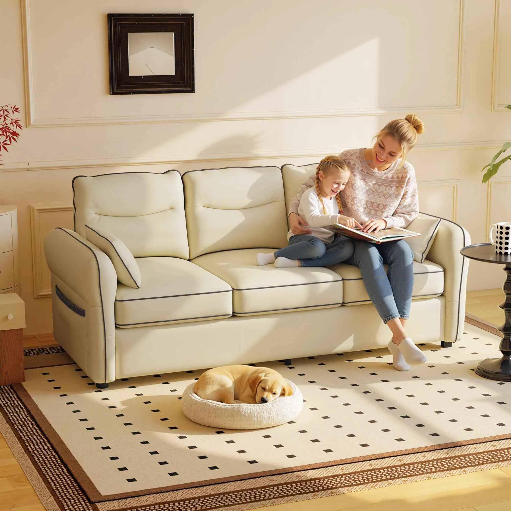 3-Seater Faux Leather Sofa with Thick Padding, Side Pocket and 2 Cushions, 190x83x90 cm, Beige - Image 2