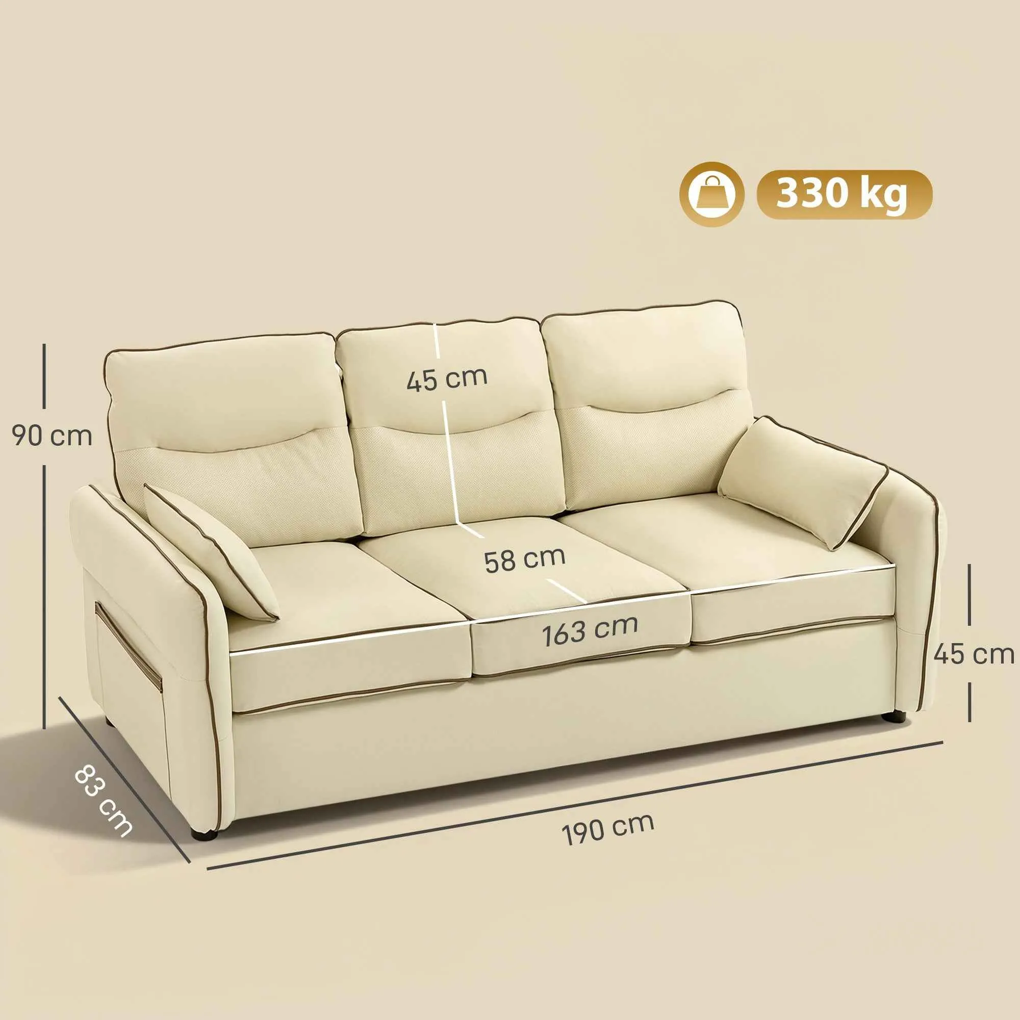 3-Seater Faux Leather Sofa with Thick Padding, Side Pocket and 2 Cushions, 190x83x90 cm, Beige - Image 3