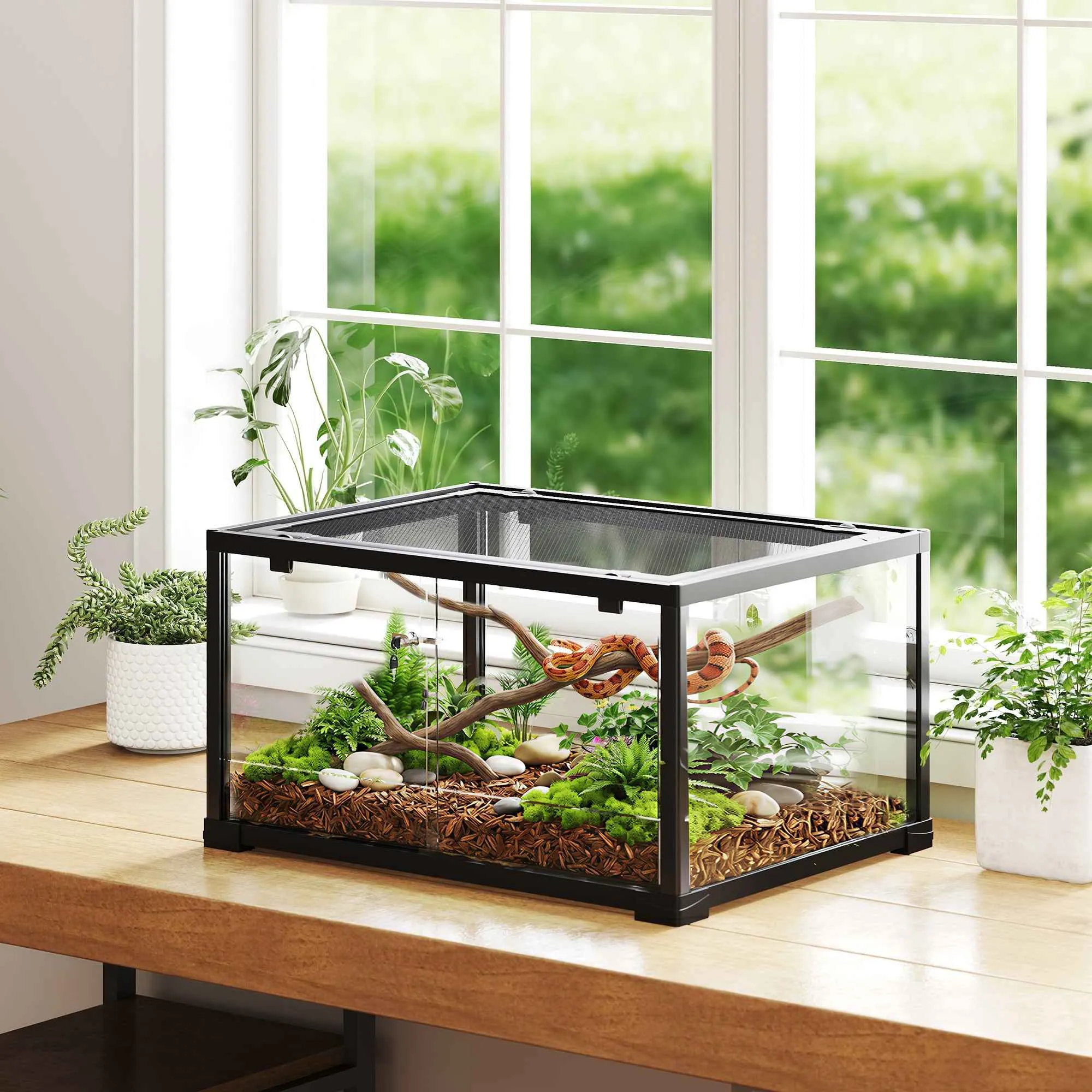PawHut Raised Reptile House with Double Lock and Glass Walls, 60x45x32 cm, Black - Image 2