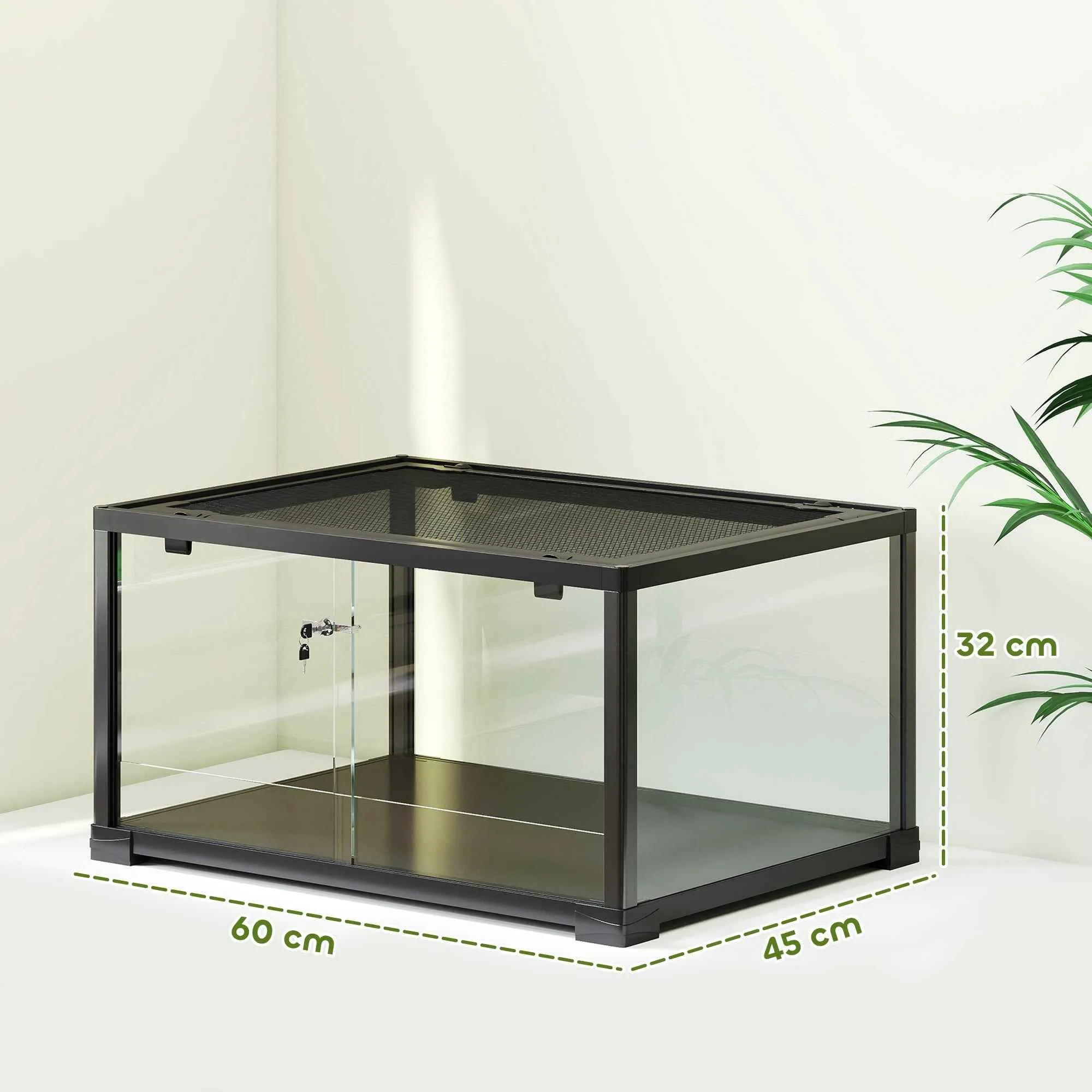 PawHut Raised Reptile House with Double Lock and Glass Walls, 60x45x32 cm, Black - Image 3