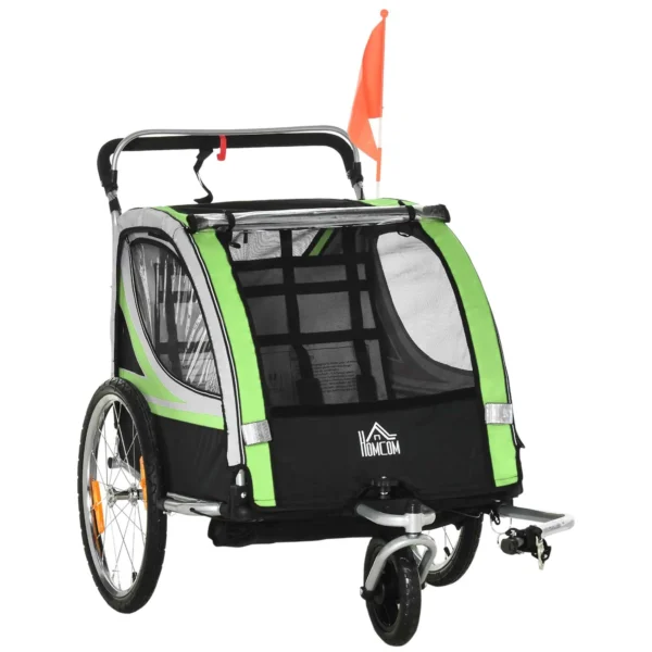 2-in-1 Kids Bike Trailer and Stroller with Belt, Pockets and Flag, Green