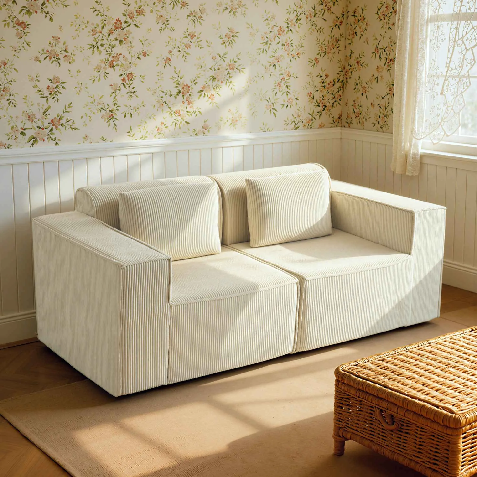 3-Seater Modular Sofa with Deep Seat, Wide Armrests, and 2 Corduroy Cushions, Beige - Image 2