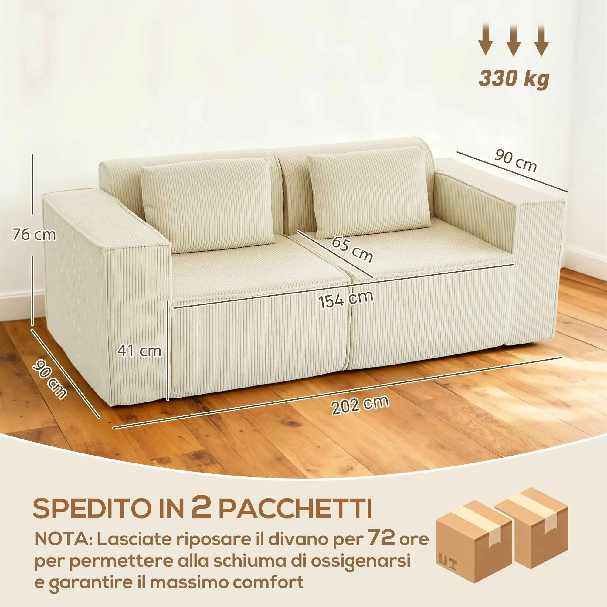 3-Seater Modular Sofa with Deep Seat, Wide Armrests, and 2 Corduroy Cushions, Beige - Image 3