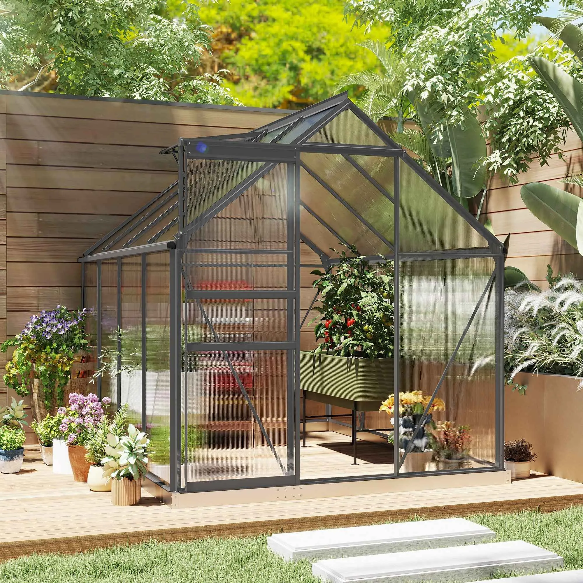 Polycarbonate and Aluminum Greenhouse with Opening Window and Sliding Door, 190x253x199 cm, Dark Gray - Image 2