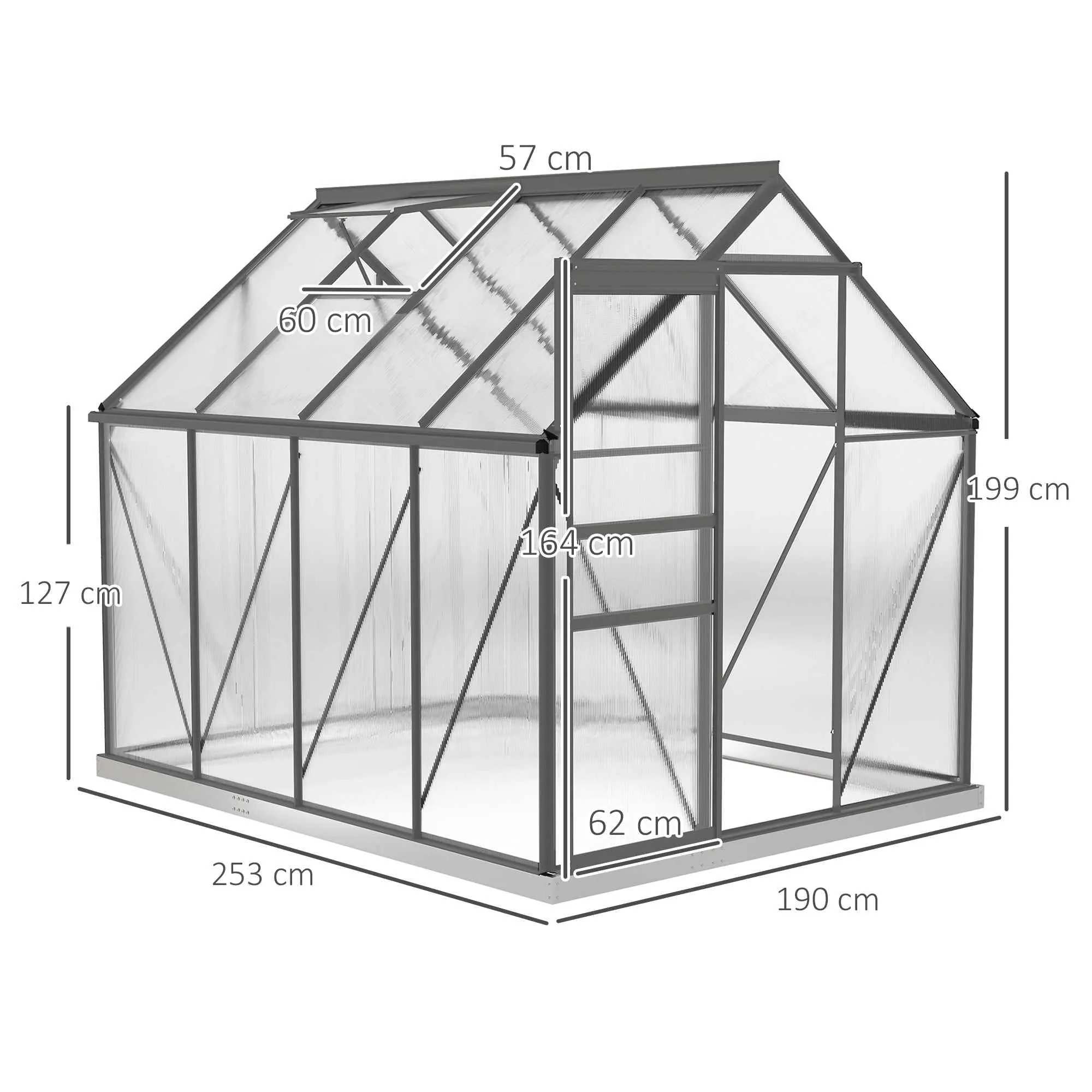 Polycarbonate and Aluminum Greenhouse with Opening Window and Sliding Door, 190x253x199 cm, Dark Gray - Image 3